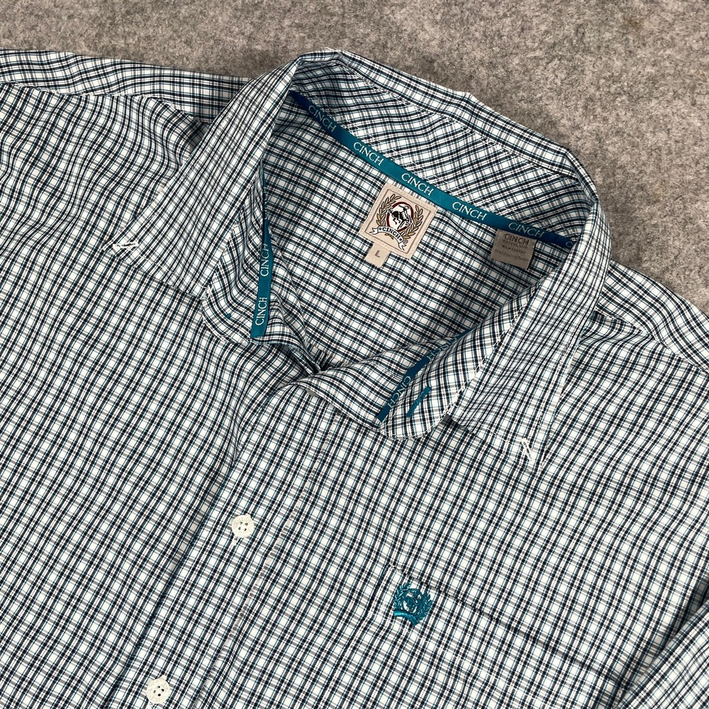 Cinch Mens Button Up Shirt Large White Teal Plaid Long Sleeve Tencel Blend